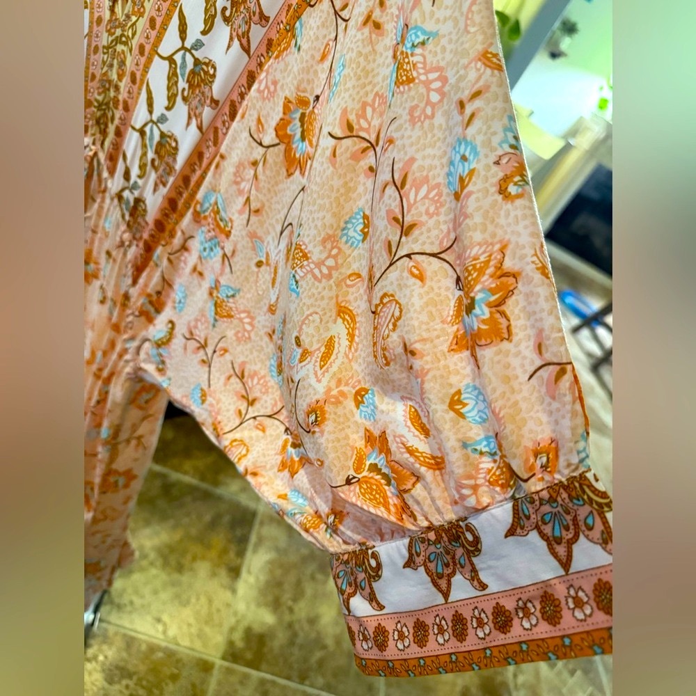 NWOT Aakaa Anthro Women’s Peach Floral Print Ruffled Kimono 3/4 Sleeve Dress L - Picture 3 of 9